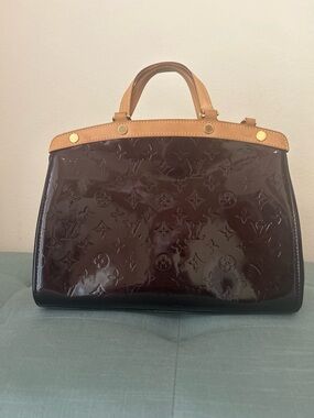 Louis Vuitton Brown Patent Vernis Top-Handle Satchel with Tan Trim. Brea MM